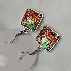 Glass Santa Claus Reindeer Christmas Earrings Holiday Retro Style Pierced